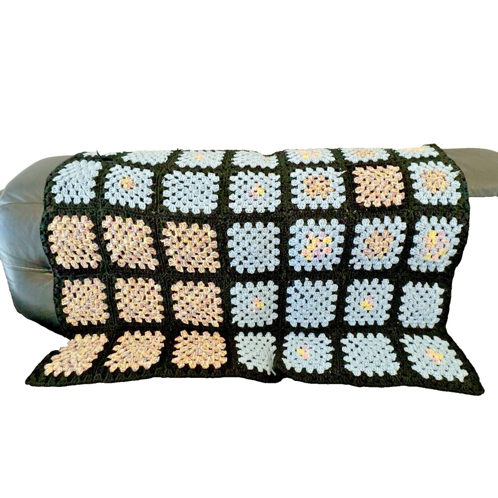 Granny Square Afghan Blanket Throw Handmade Crochet Blues White Black 48x36